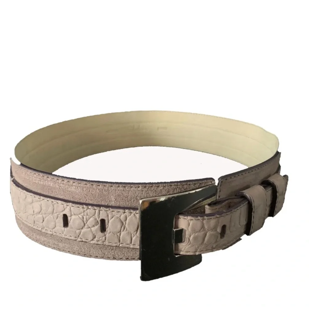 Wide gray suede Cole Haan statement belt w/big silver buckle Sz M NWOT